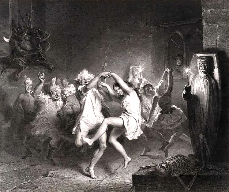 Gravure de Lumb Stocks (XIXe siècle), représentant des sorcières et des sorciers dansant
