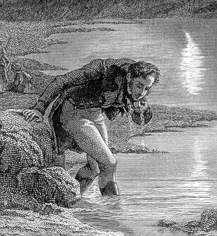 Portrait de Chateaubriand goûtant l'eau de la mer Morte (le nom du portraitiste nous est inconnu). Reproduction (détail) d'un frontispice d'une édition (Mégard et Cie, 1864) de : Itinéraire de Paris à Jérusalem.