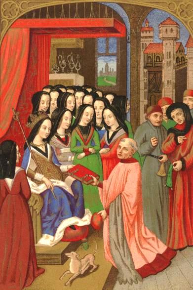 Illustration (reproduction partielle) extraite de l'ouvrage de Paul Lacroix intitulé : « Moeurs, usages et costumes au Moyen Âge et à l'époque de la Renaissance ». D'après une planche chromolithographique de F. Kellerhoven, légendée : « La cour des Dames de Marie d'Anjou, femme de Charles VII. Son chapelain, le savant Robert Blondel, lui présente le traité allégorique des : Douze perilz d'Enfer, qu'il a composé pour elle (1455). Fac-simile d'une miniature de cette ouvrage. Biblioth. de l'Arsenal. Costumes du XVe siècle. »