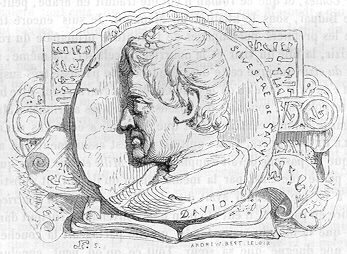 Portrait d'Antoine Isaac Sylvestre de Sacy, plac&eacute; apr&egrave;s la «&nbsp;dissertation&nbsp;» de l'&eacute;dition Bourdin des Mille et une nuits. Reproduction d'une gravure figurant l'un des cinq cents portraits en m&eacute;daillon r&eacute;alis&eacute;s par le sculpteur Pierre Jean David (David d'Angers).